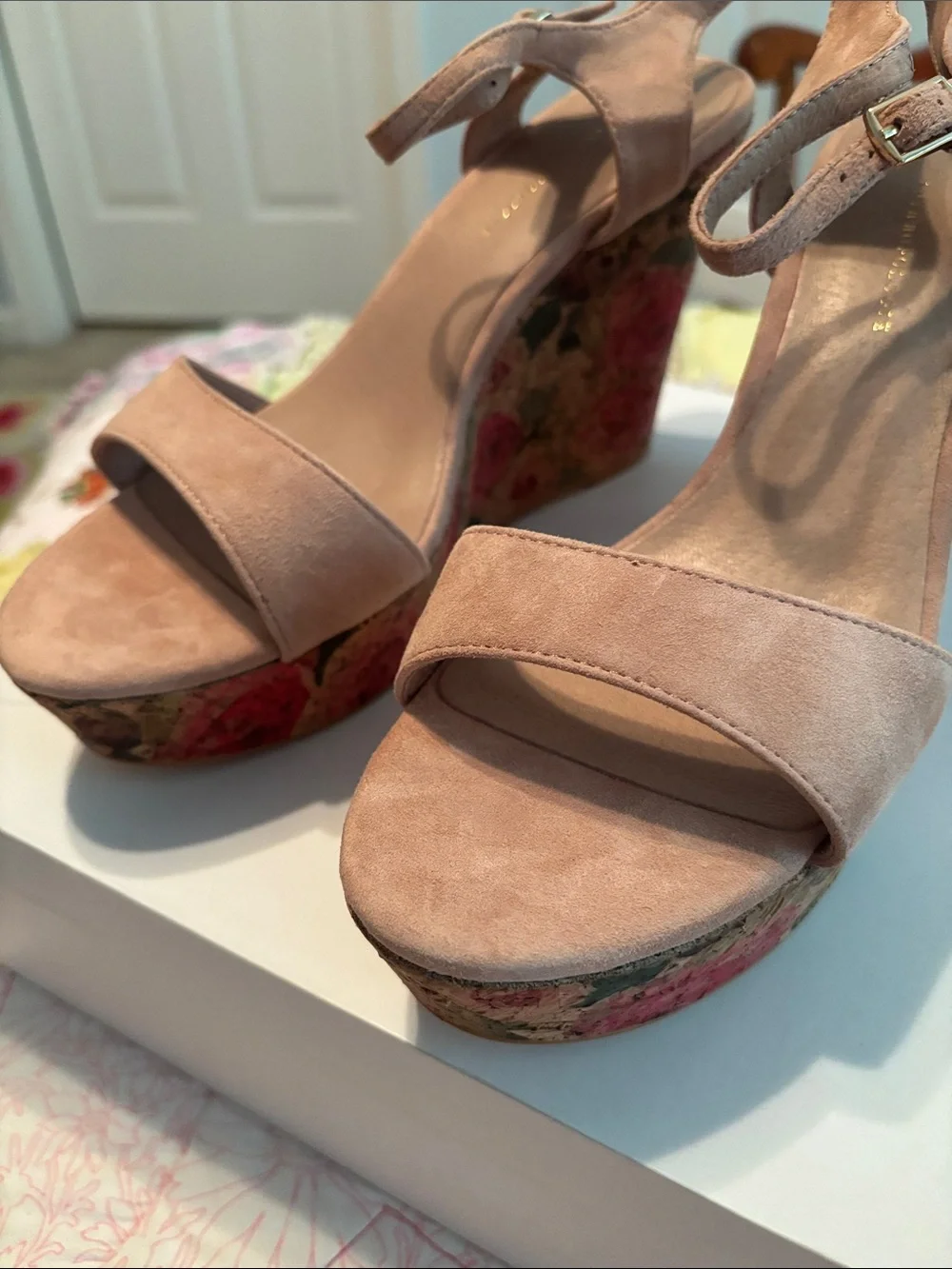 Anthropologie Blush Suede Wedge Sandals with Floral Cork Platform